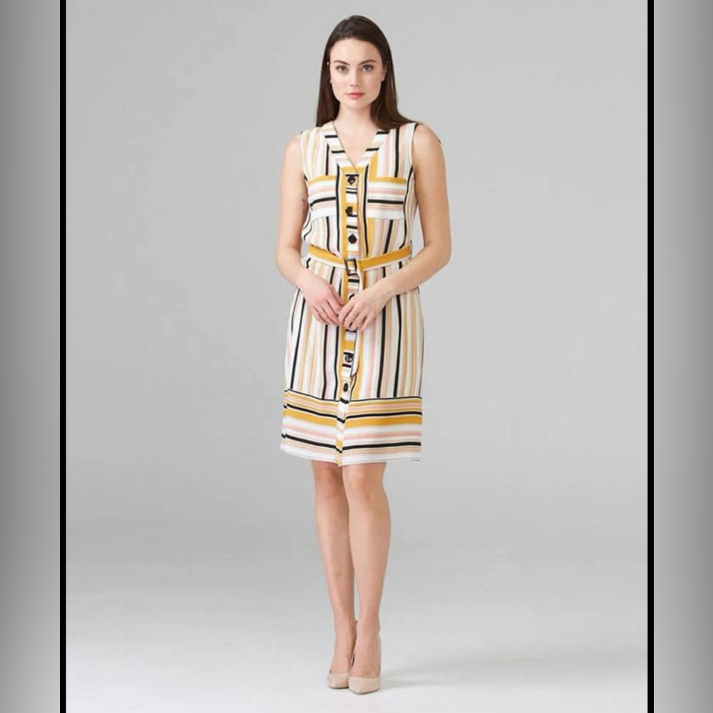 Joseph Ribkoff multi stripe dress size 6 gold white black pink